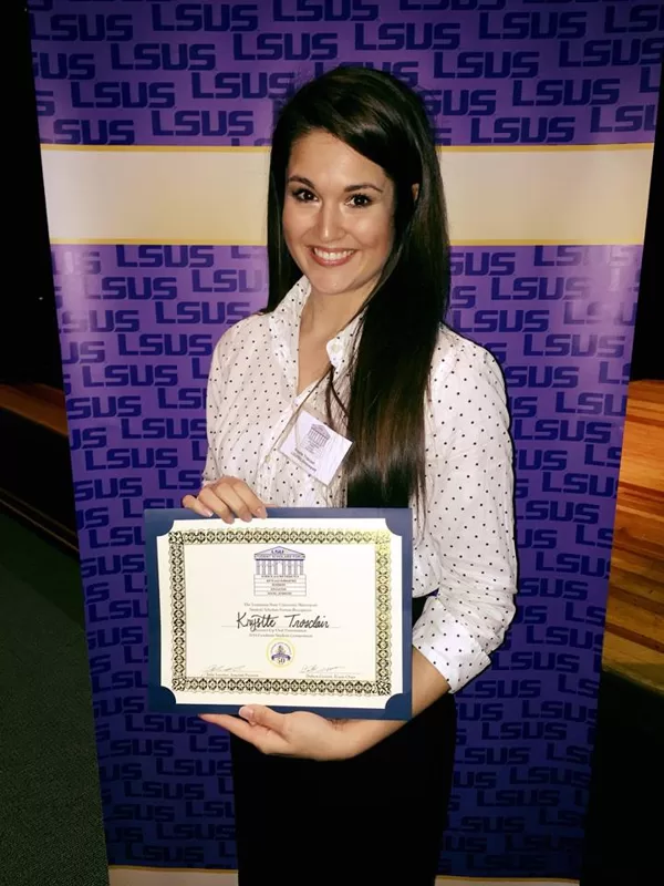 Krystle and her 2nd place prize for her talk at the LSUS Scholars Symposium (March, 2017)