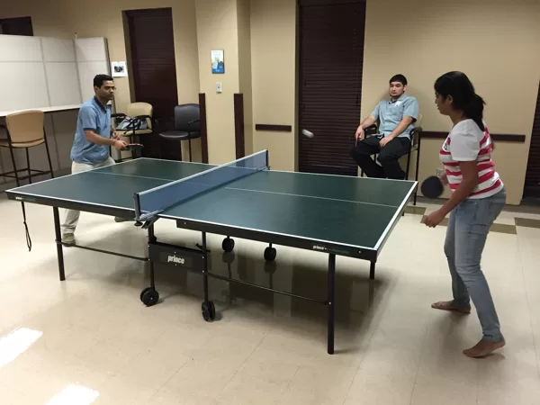 Vikas and Hemangini taking a break from research with some ping-pong (August 9, 2016)